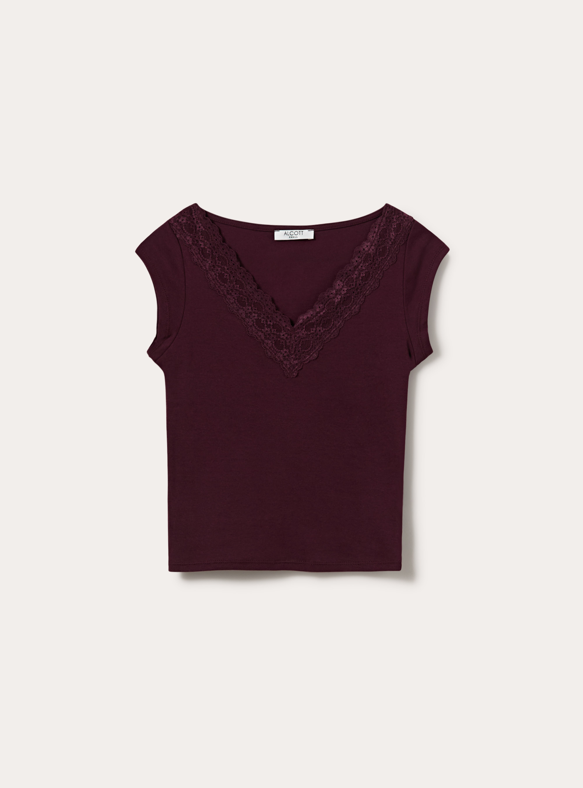 T-shirt con scollo a v in pizzo, BO1 BORDEAUX DARK