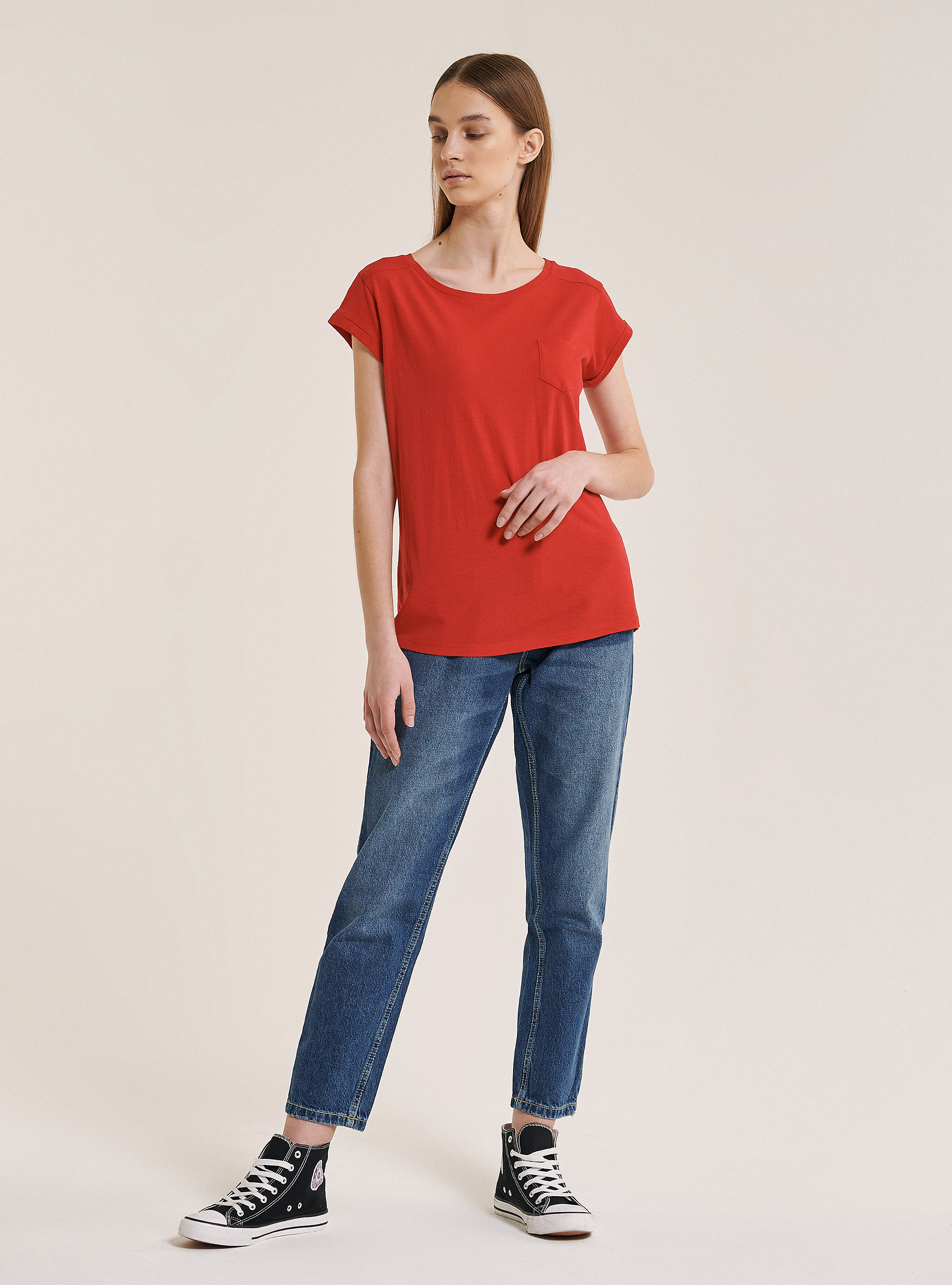 Basic cotton T-shirt with breast pocket, C3376 RED