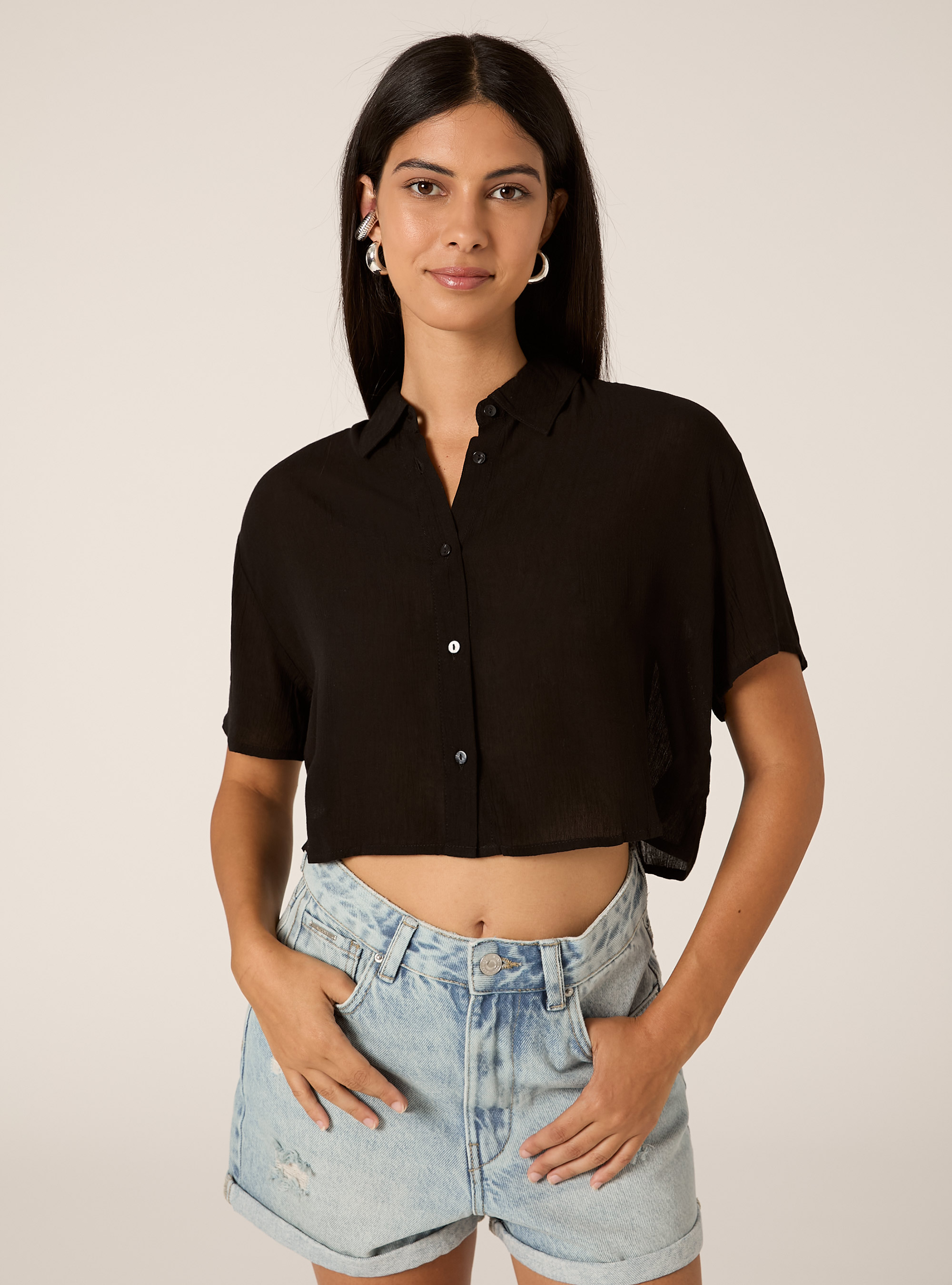 Cropped crepe shirt, BK1 BLACK