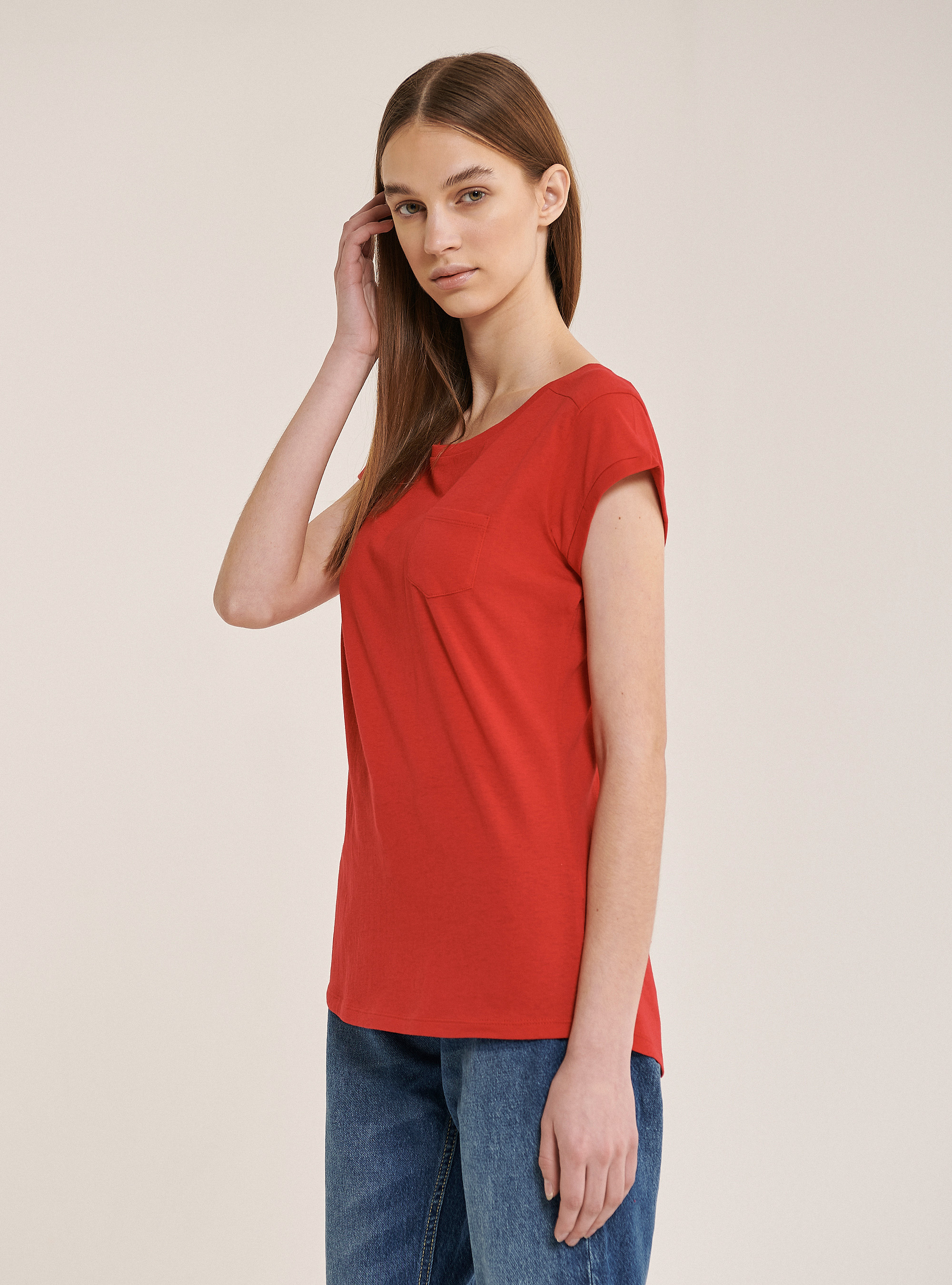 Basic cotton T-shirt with breast pocket, C3376 RED
