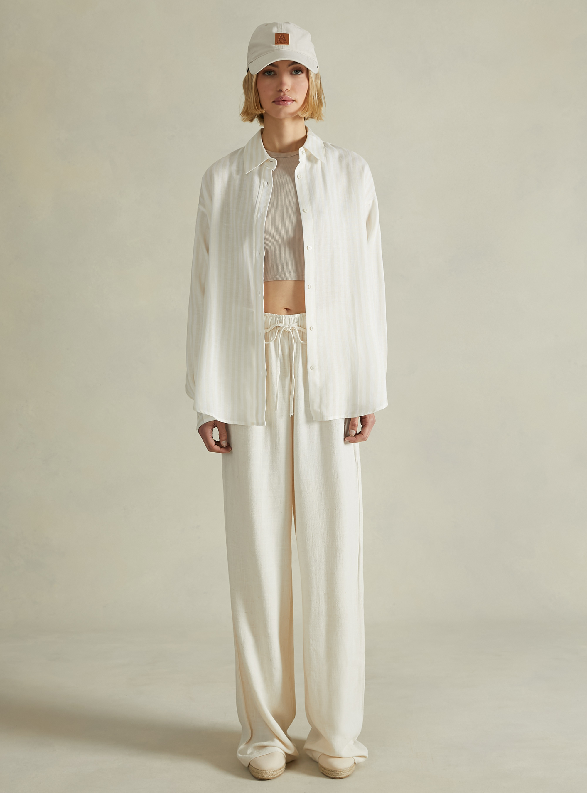 Linen blend palazzo trousers, MBG3 BEIGE MEL LIGHT