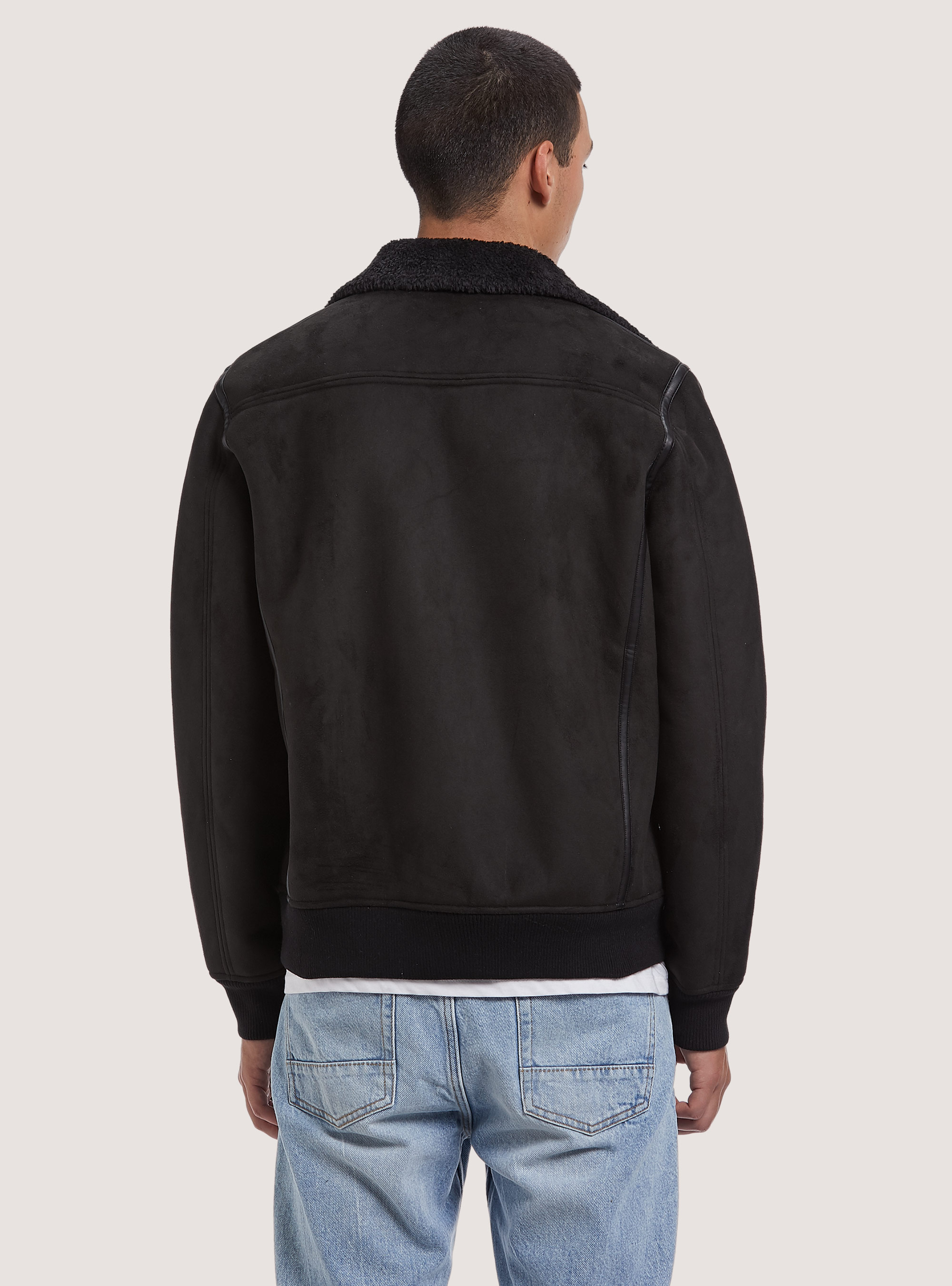 Giubbotto effetto suede con collo agnellato, BK1 BLACK