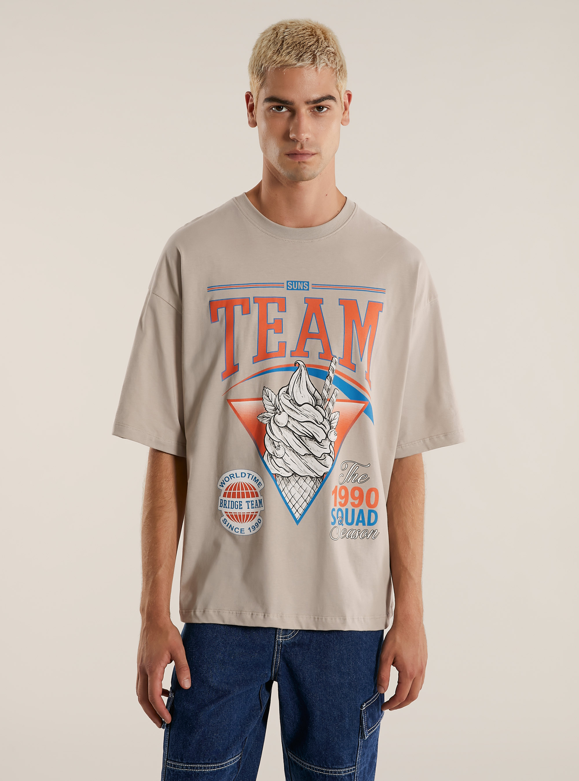 Over Fit T-Shirt mit Aufdruck, BG2 BEIGE MEDIUM