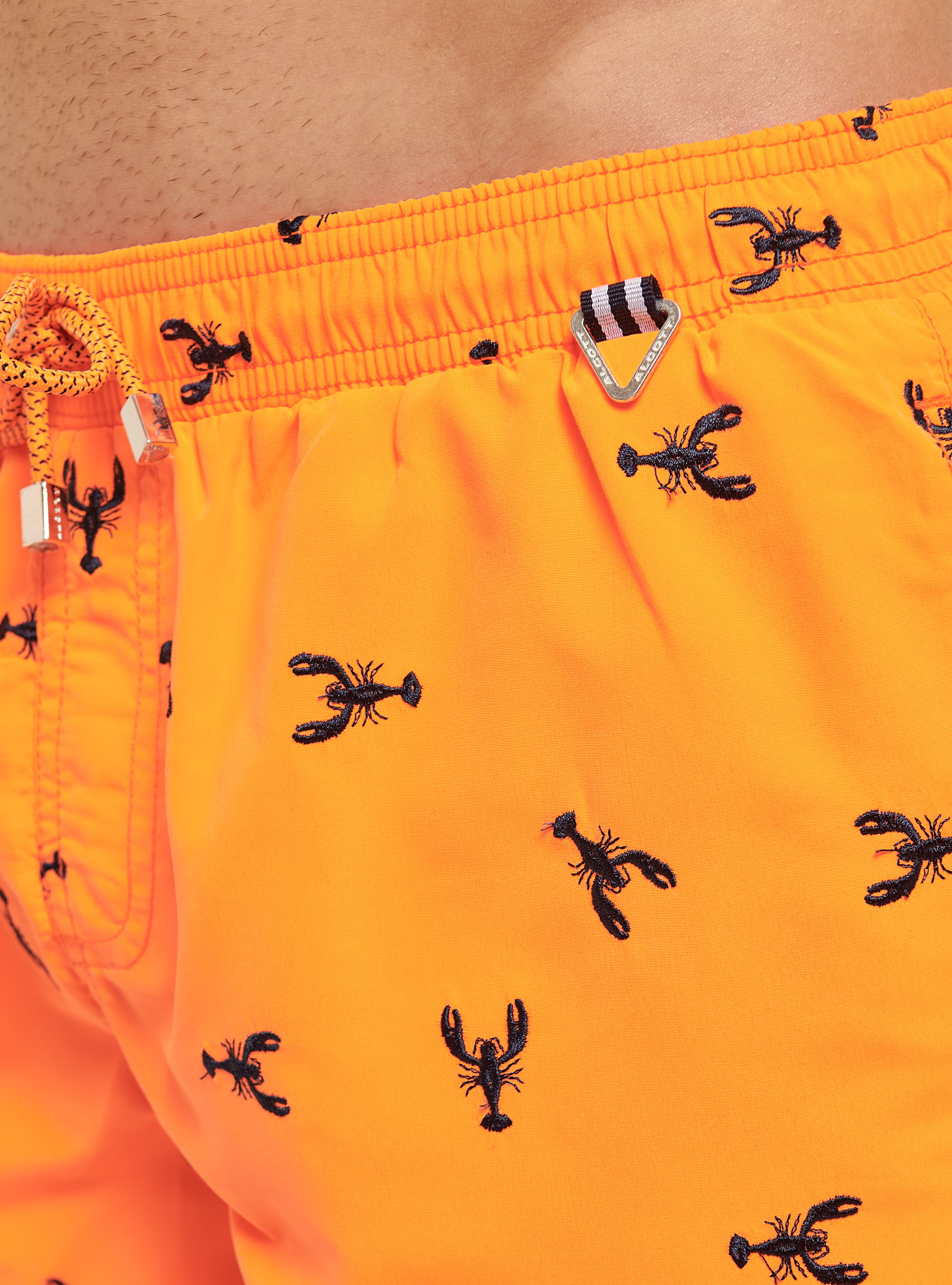 Plain-coloured swimming costume with ''Lobster'' embroidery, ORANGE FLUO