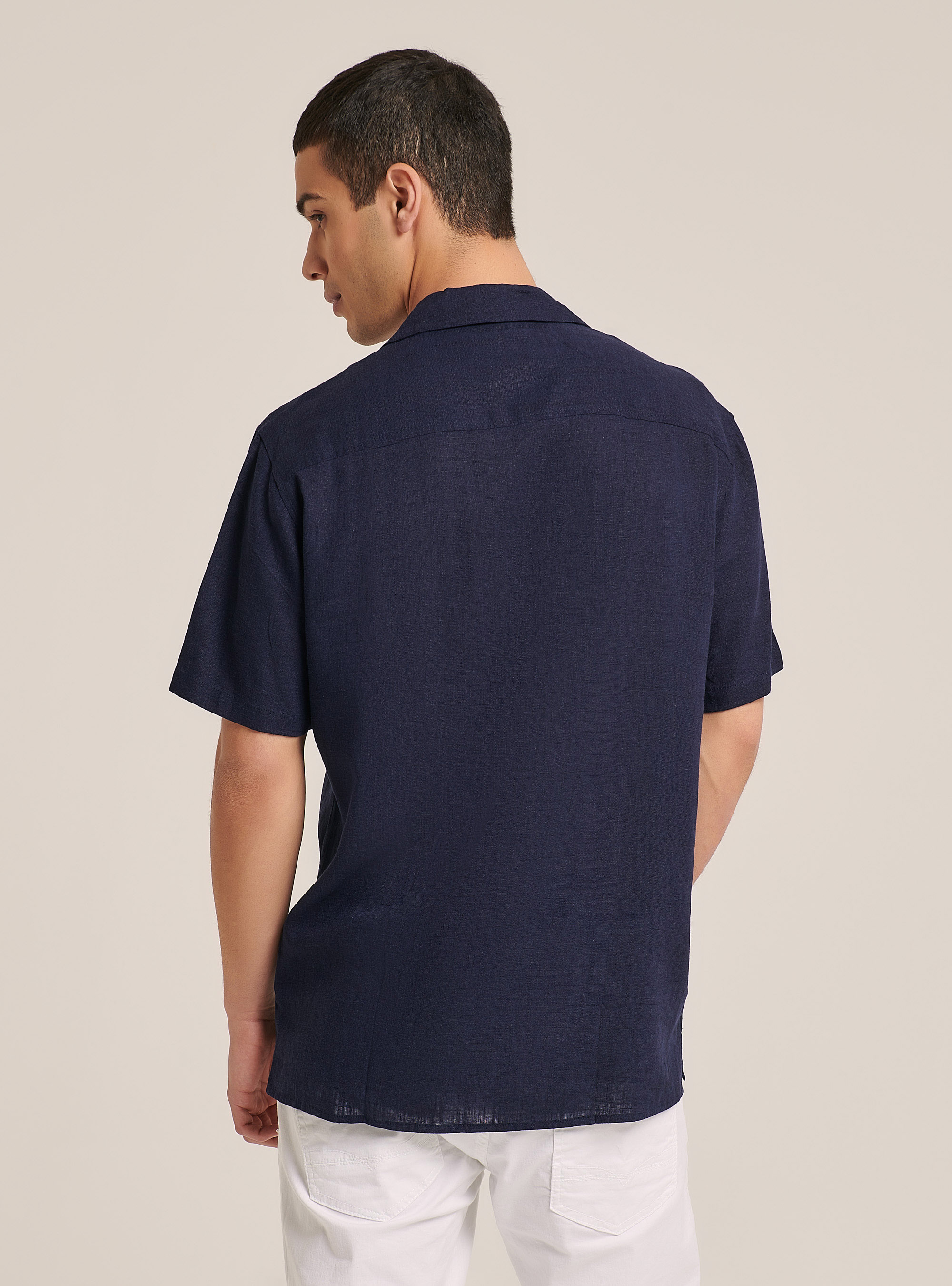 Linen blend shirt with bowling collar, C2456 BLU
