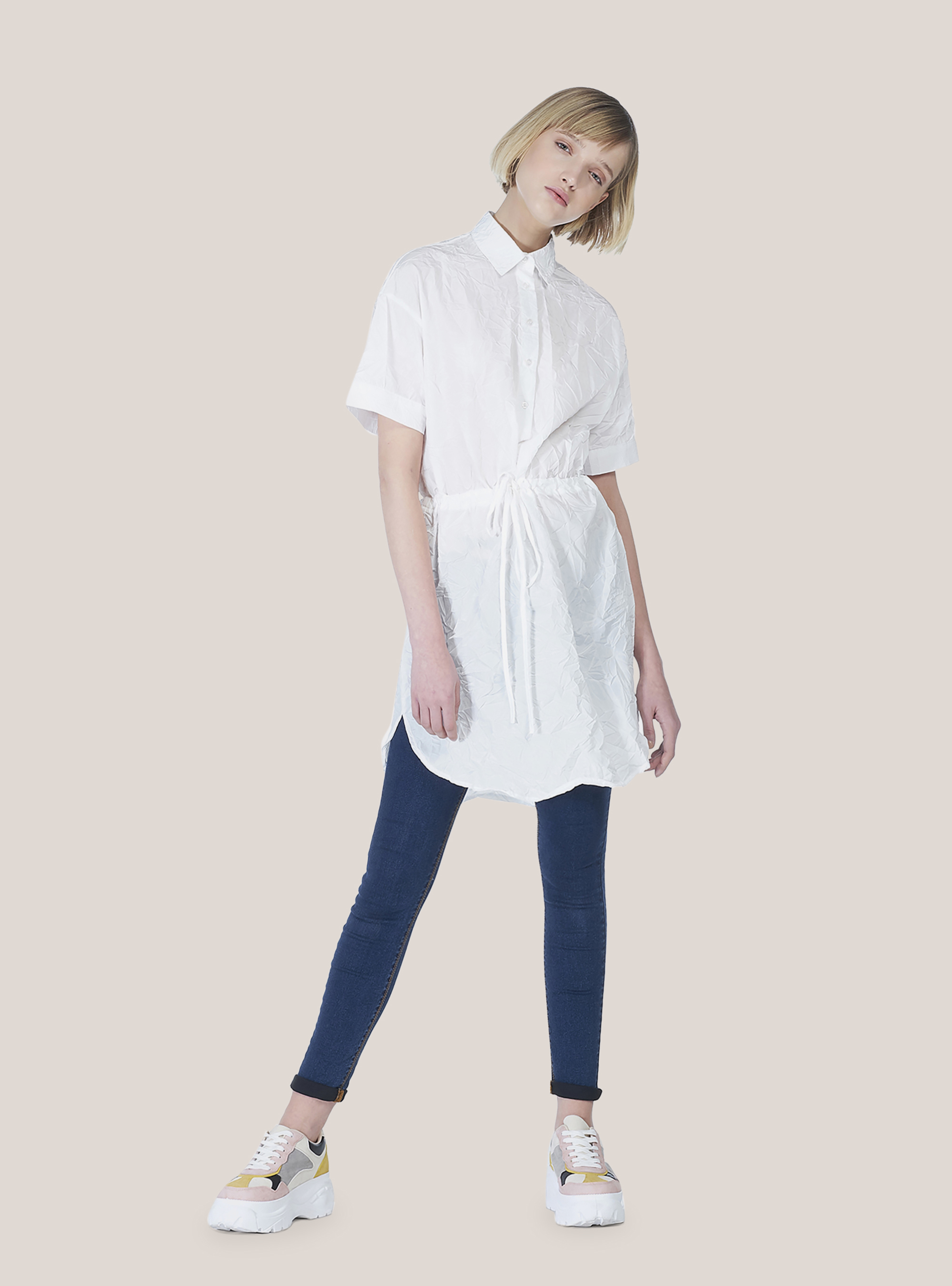 Long shirt with short sleeves, WHITE