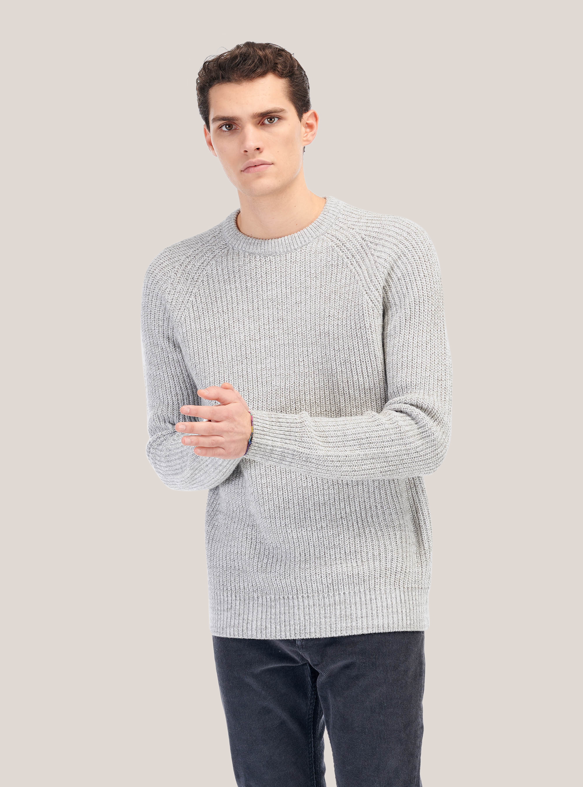 English rib round neck pullover in wool blend, PEARL/CREAM