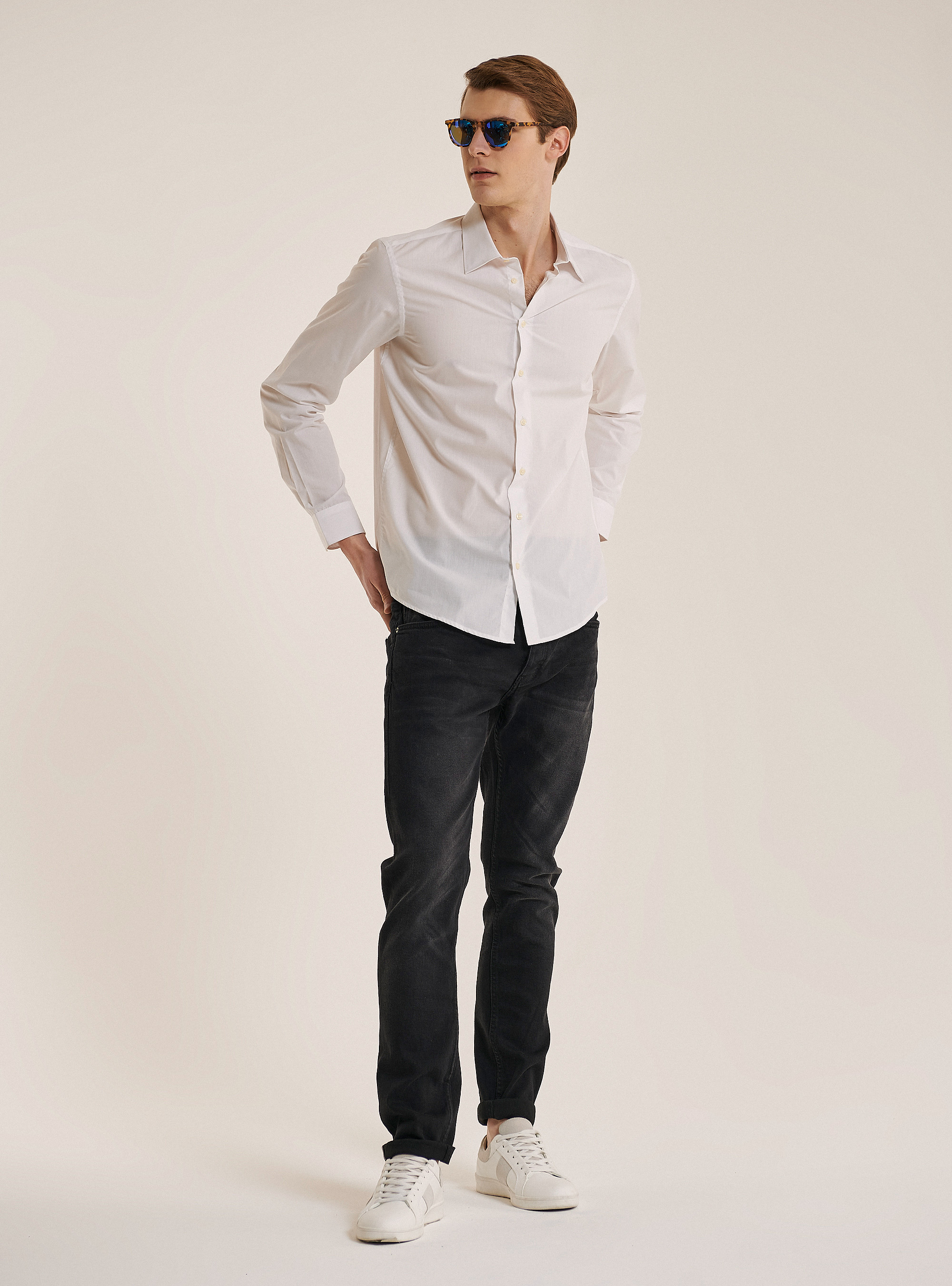 Basic solid colour long sleeves shirt, WHITE