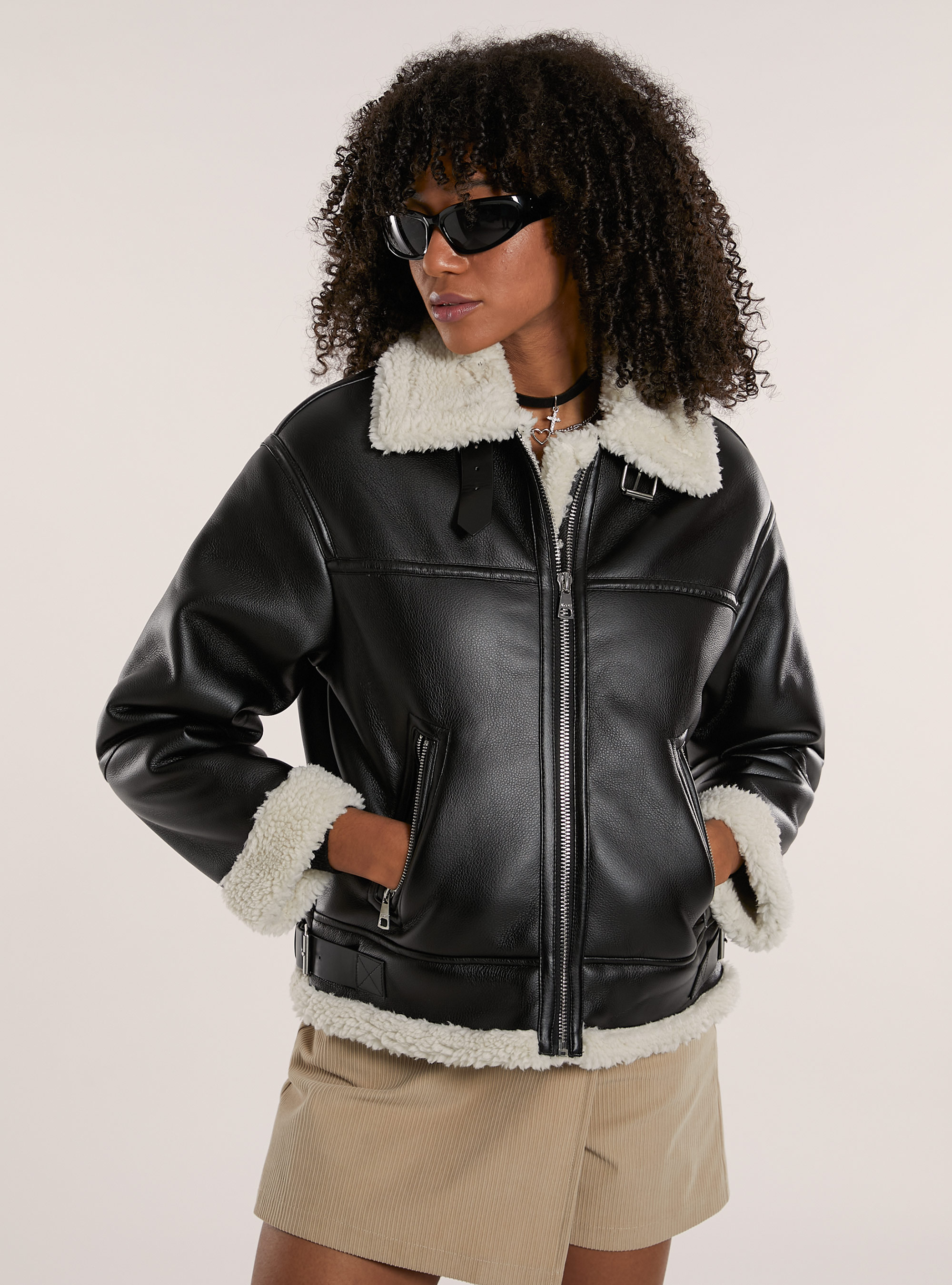 Veste en peau de mouton effet cuir double face, BK1 BLACK