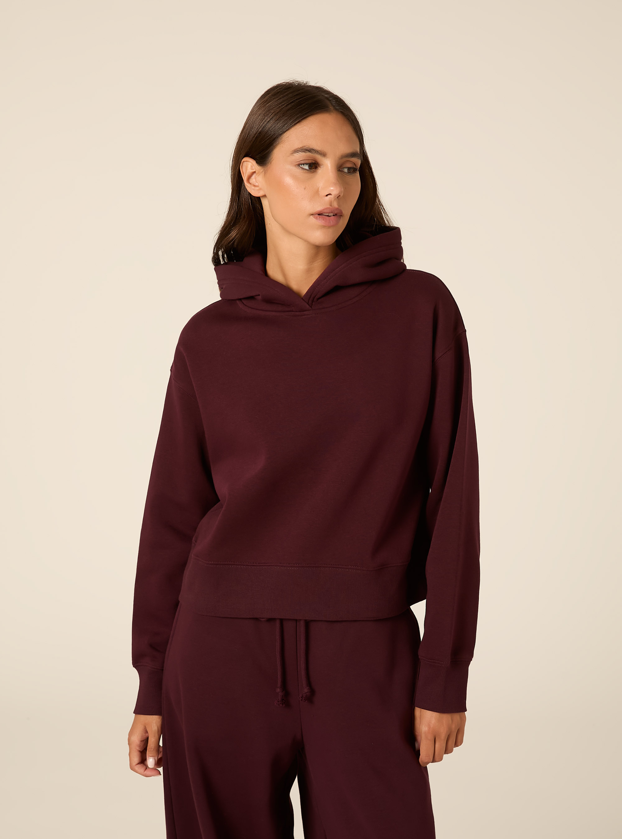 Felpa boxy con cappuccio, BO1 BORDEAUX DARK