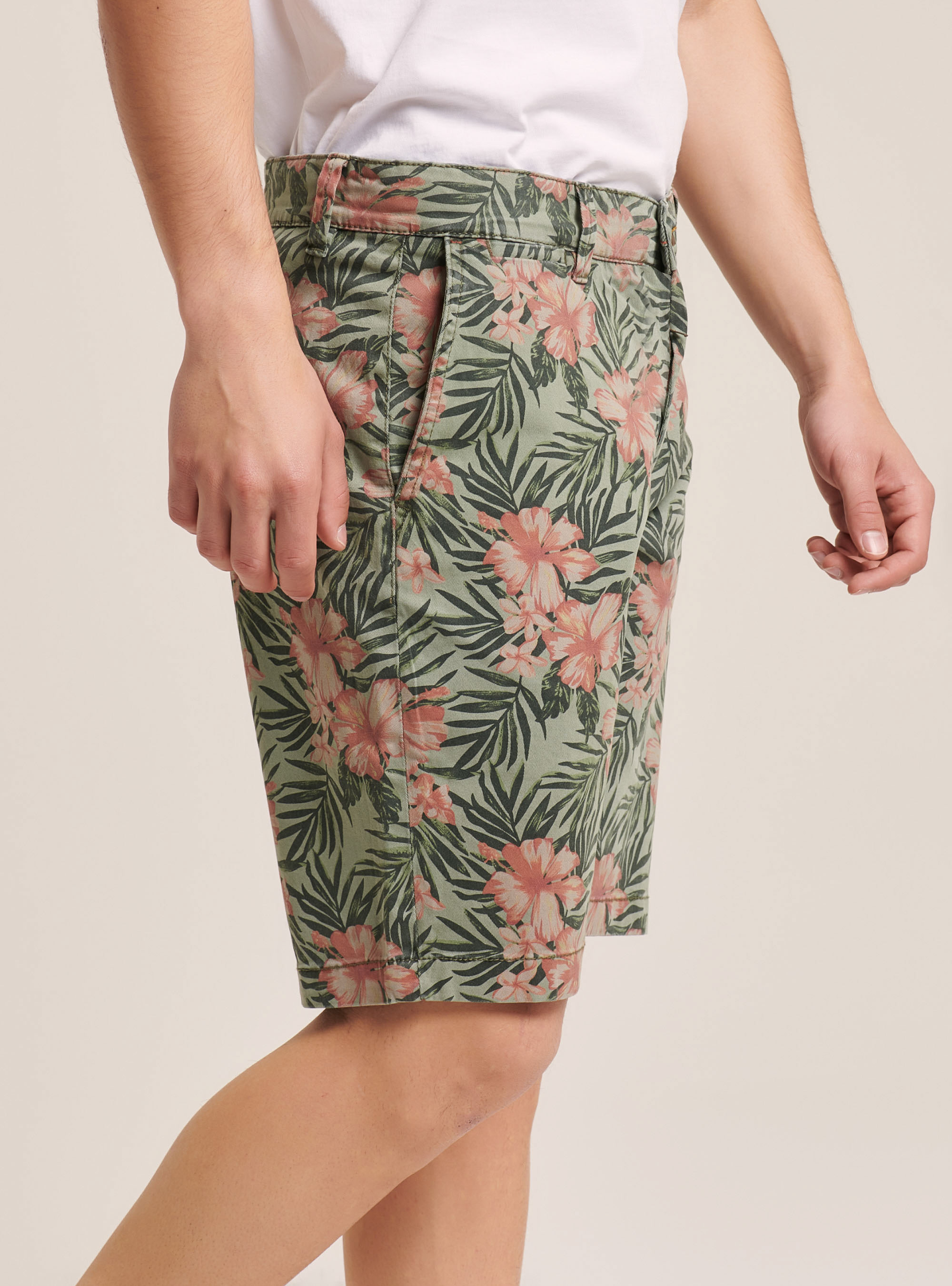 Bermuda in twill stretch con fantasia floreale, KAKI