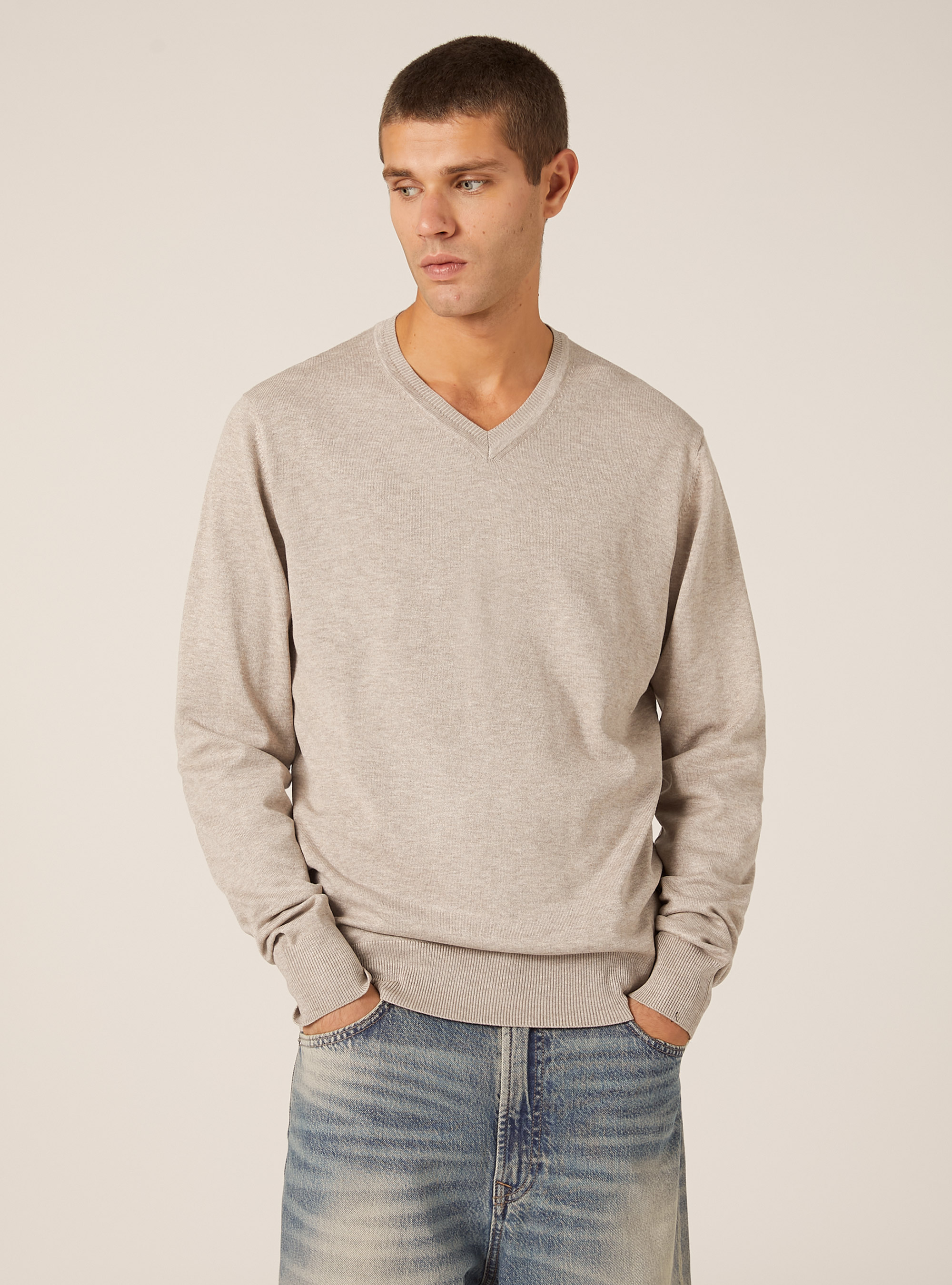 Pullover con scollo a V in viscosa Ecovero, MBG2 BEIGE MEL MED