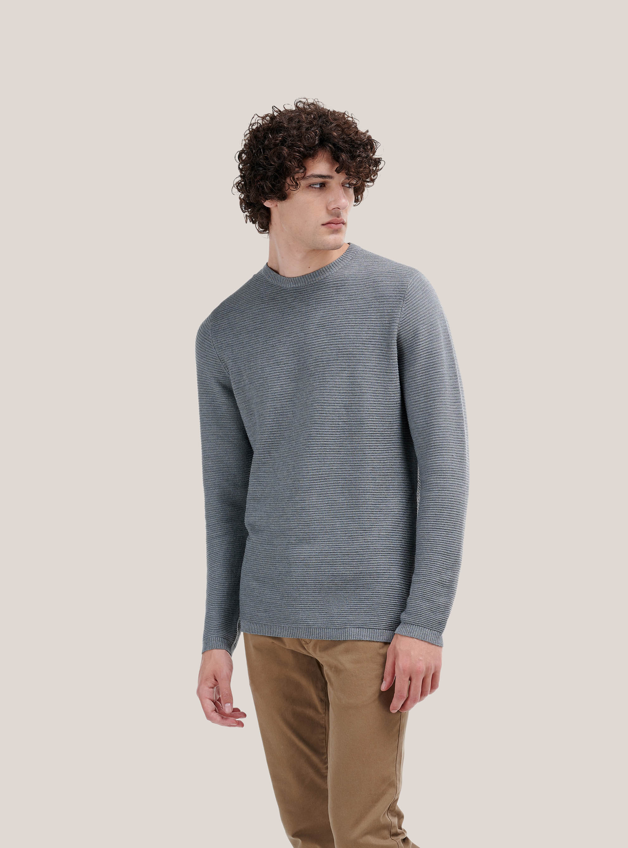 Structured knit crewneck pullover, GREY MELANGE