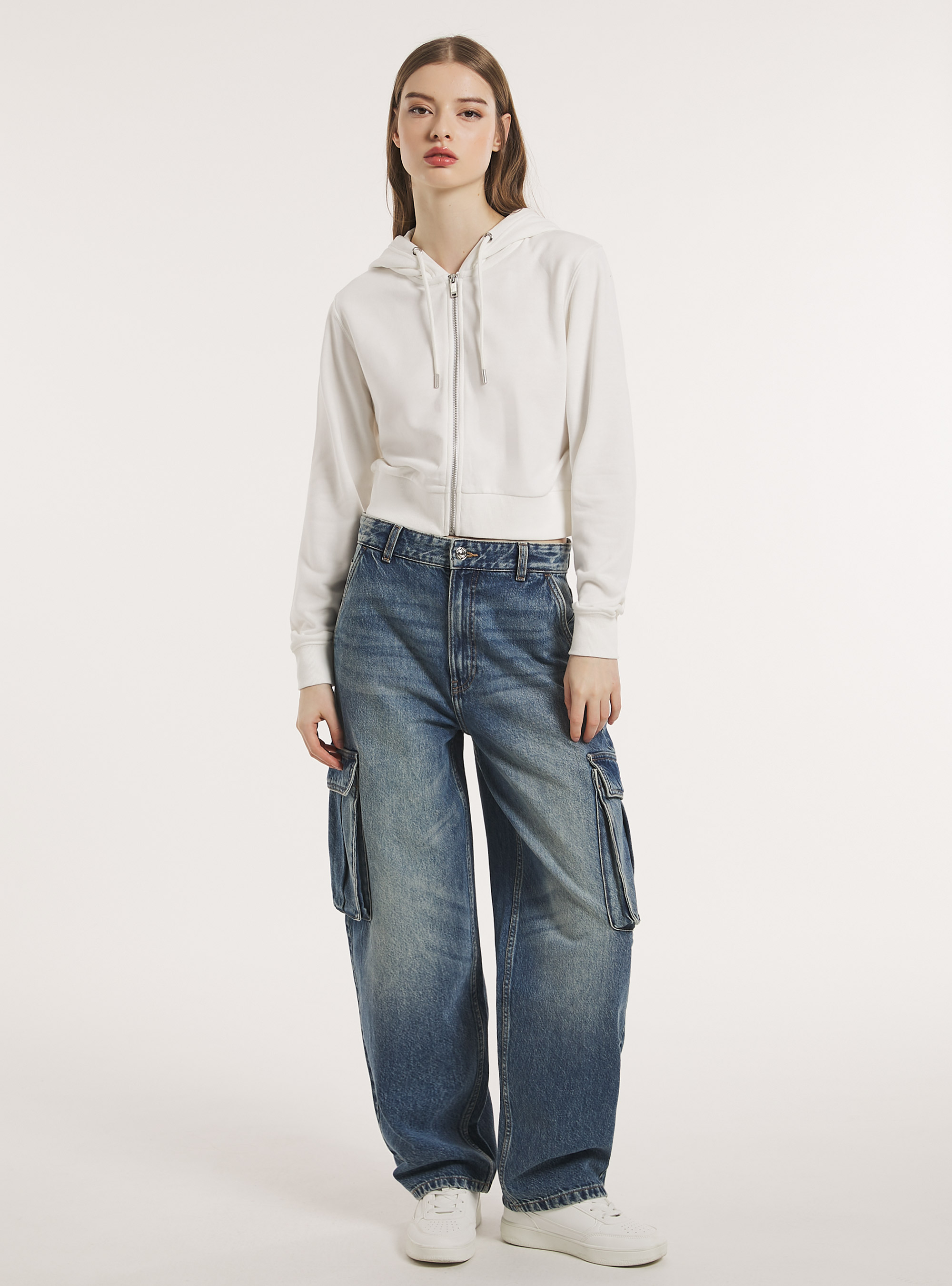 Cropped sweatshirt with zip and hood, WH2 WHITE