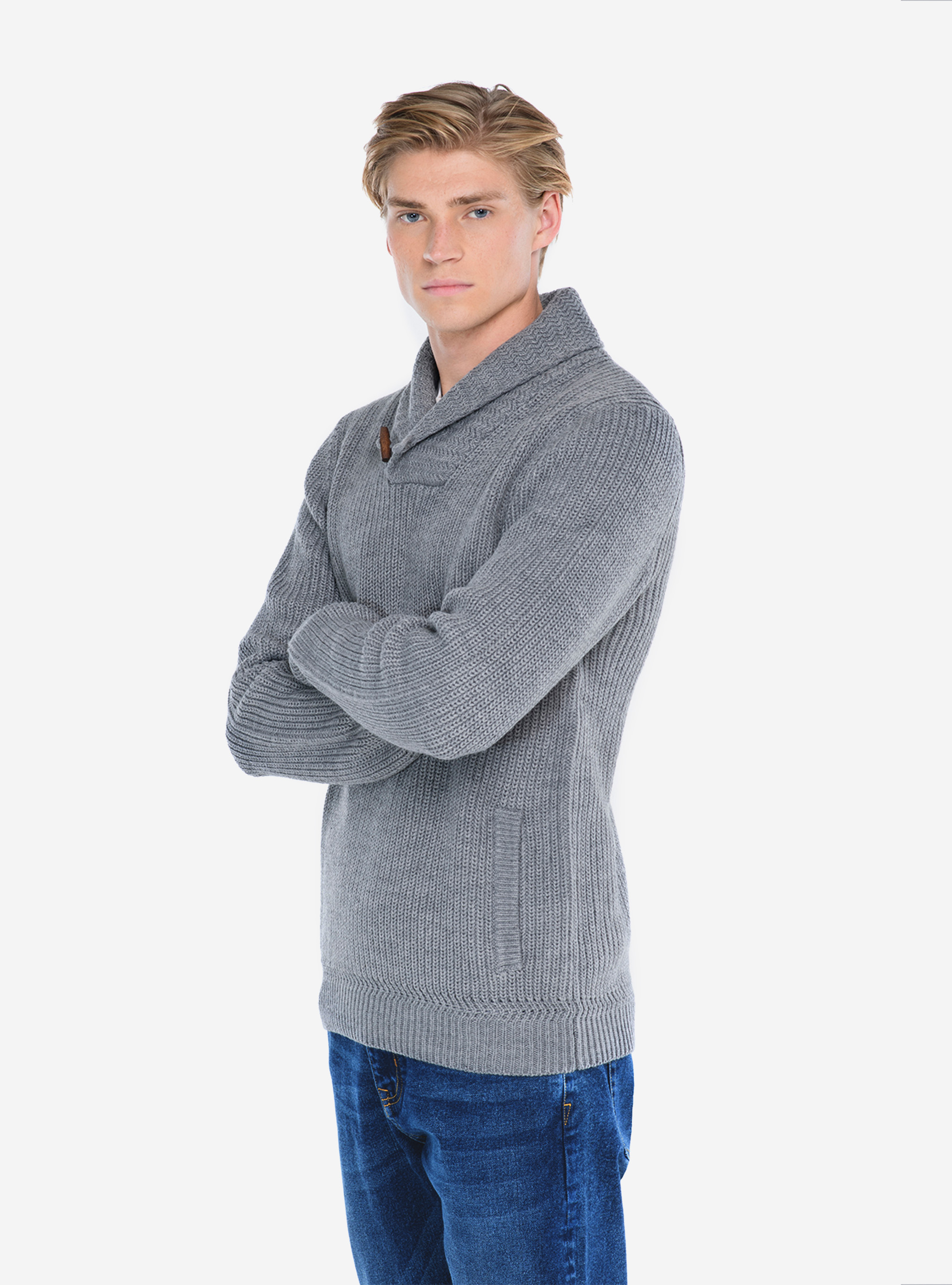Pullover con collo a scialle, GRIGIO MELANGE