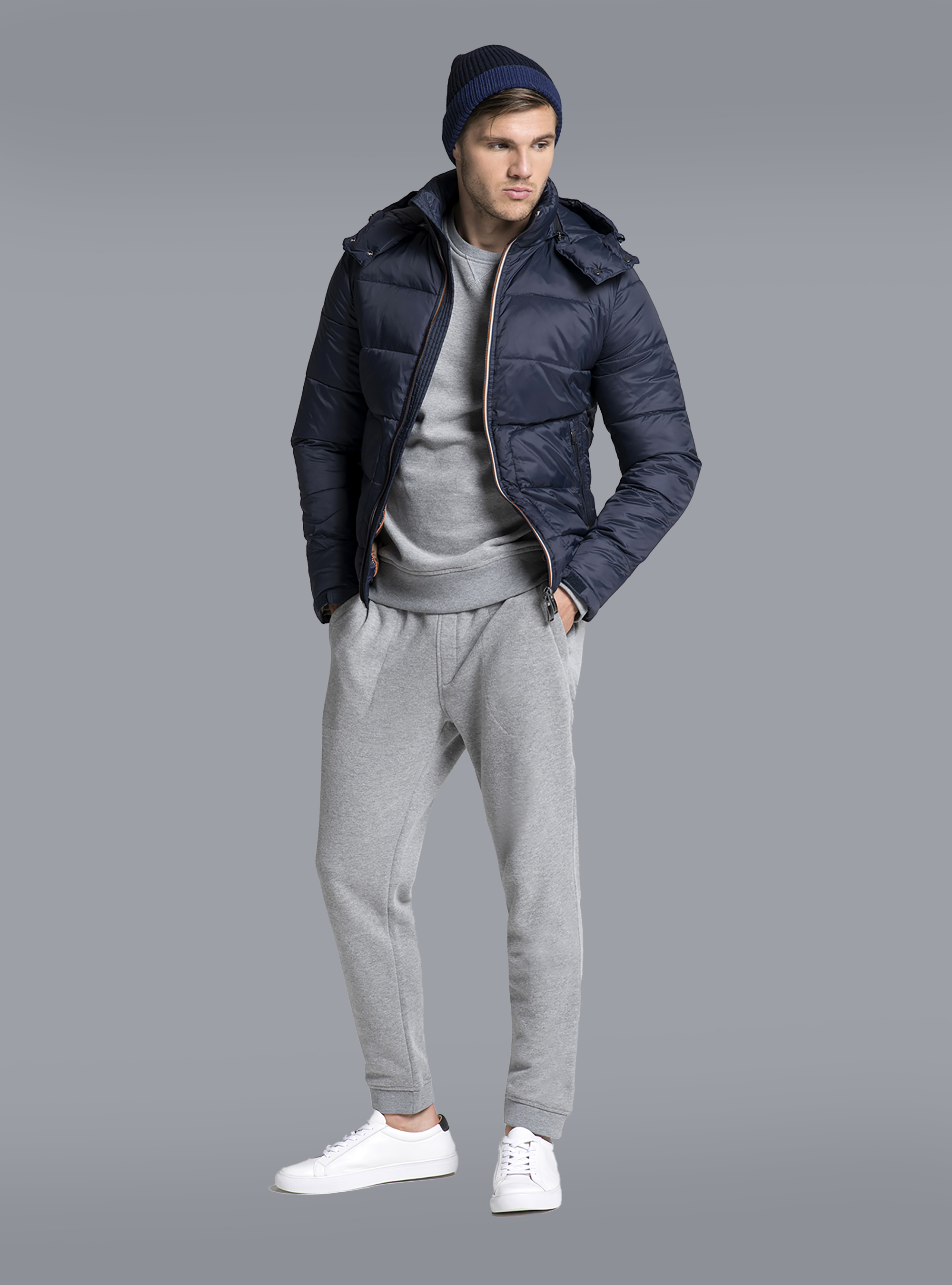 Bomber a contrasto con cappuccio, BLU MARINO