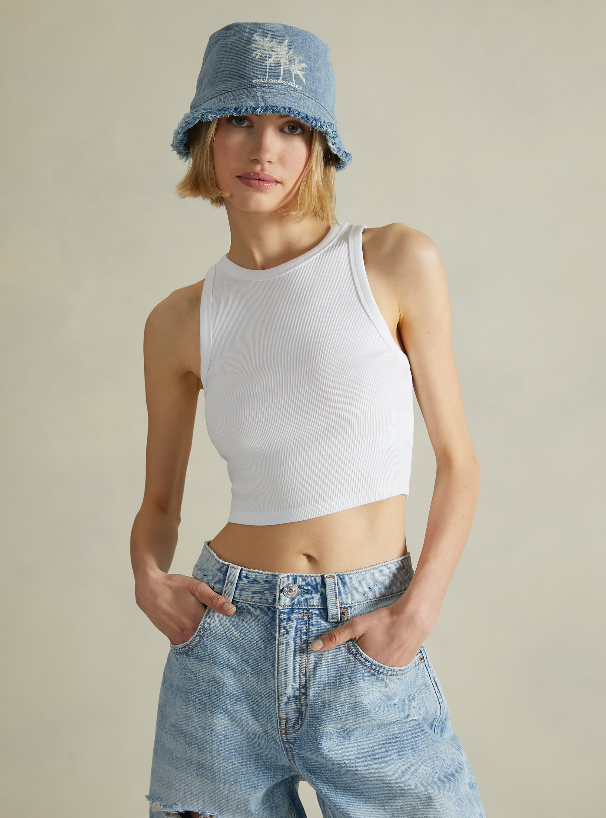 Gekürztes Tanktop aus Rippe, WH3 WHITE