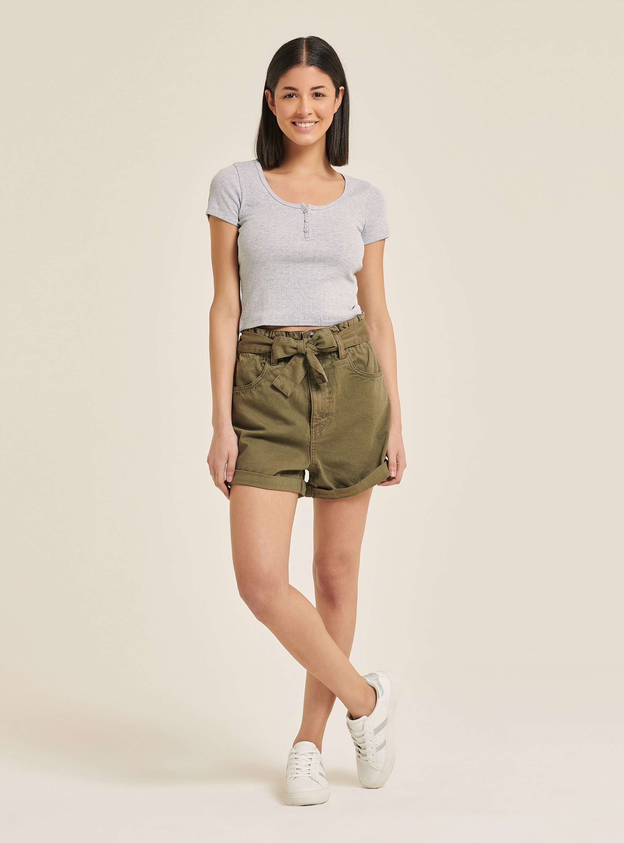 Cotton crop top with buttons, LIGHT GREY MELANGE