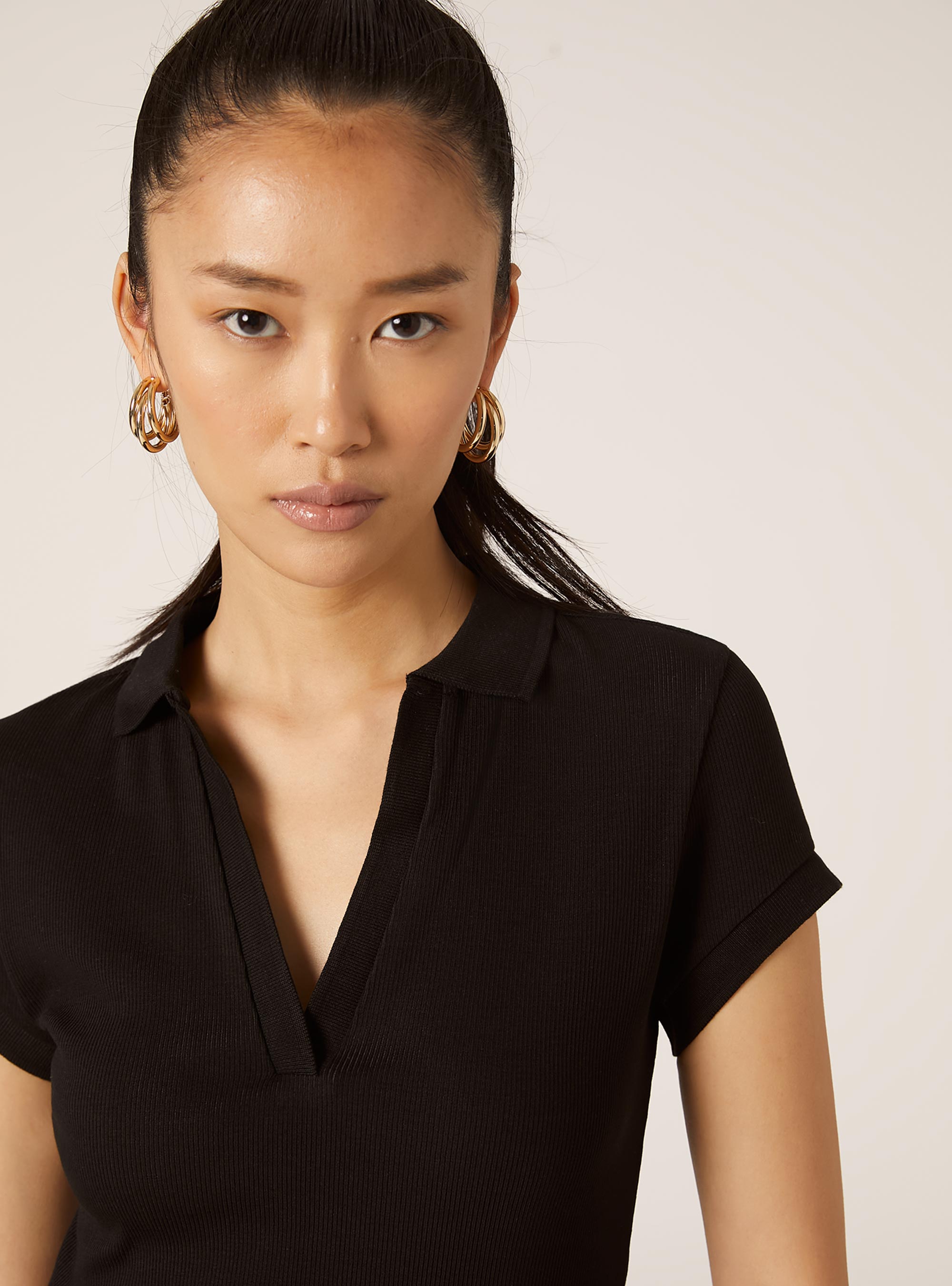 Geripptes Baumwoll-Poloshirt, BK1 BLACK