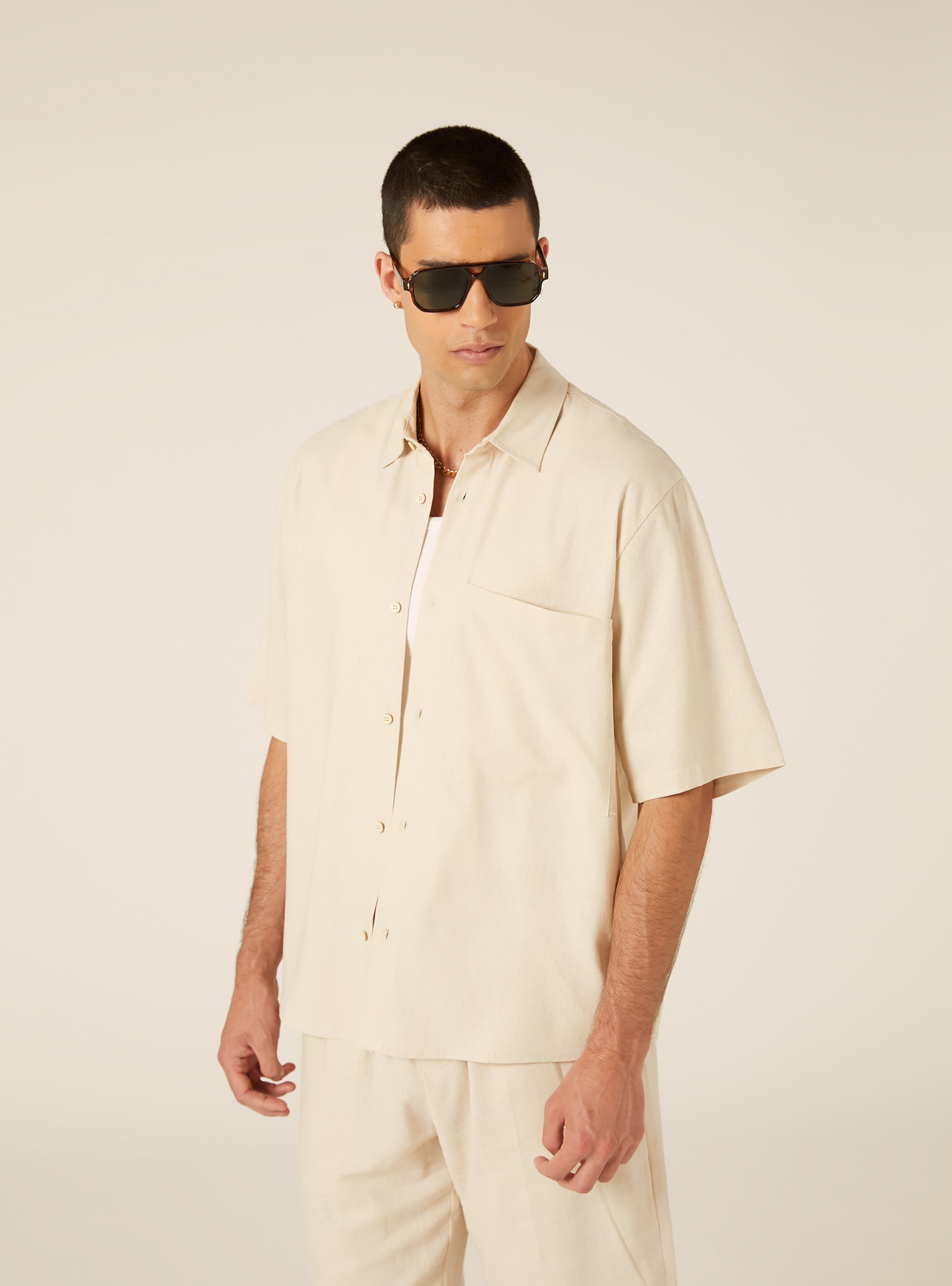 Camicia  in misto lino  con taschino, BG2 BEIGE MEDIUM