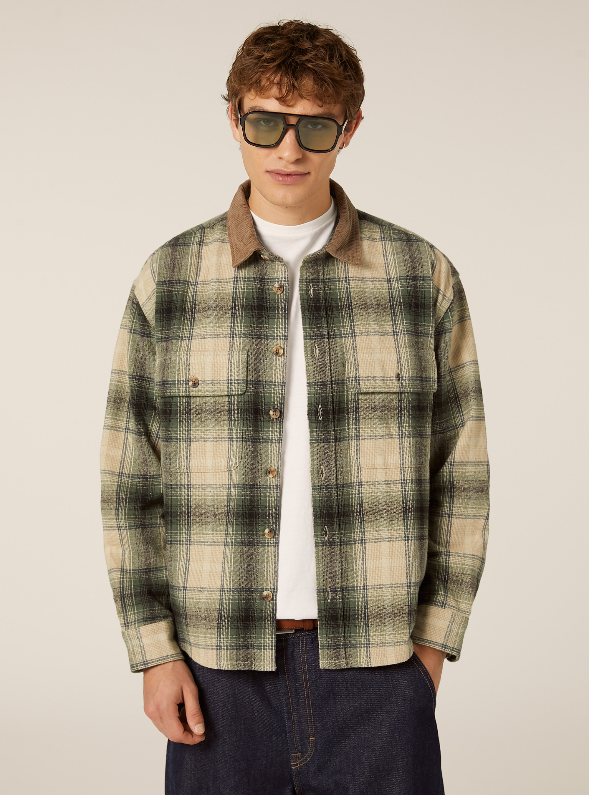 Overshirt aus Flanell mit Samtkragen, KY2 KAKY MEDIUM