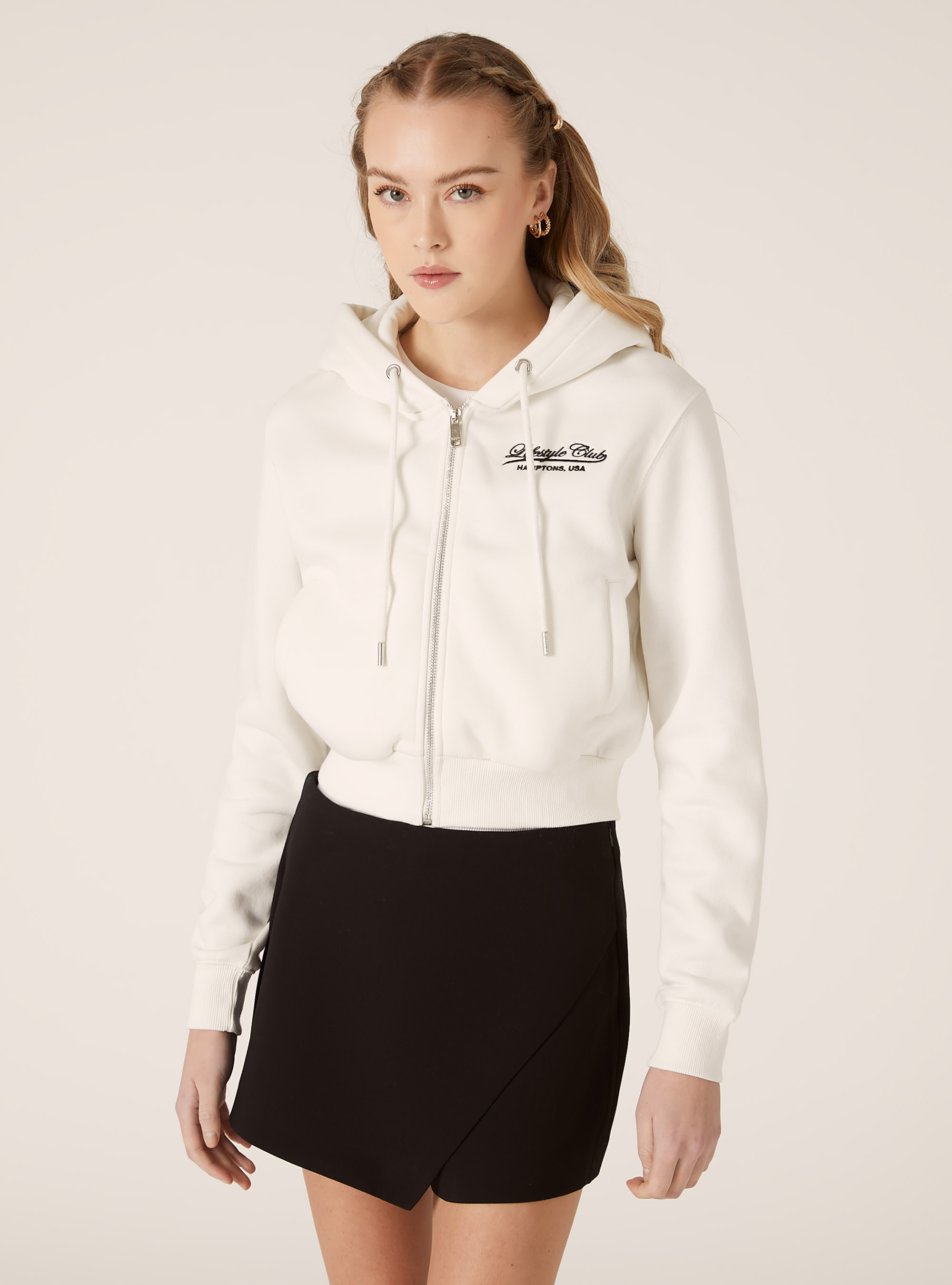 Cropped sweatshirt with zip and print, WH2 WHITE