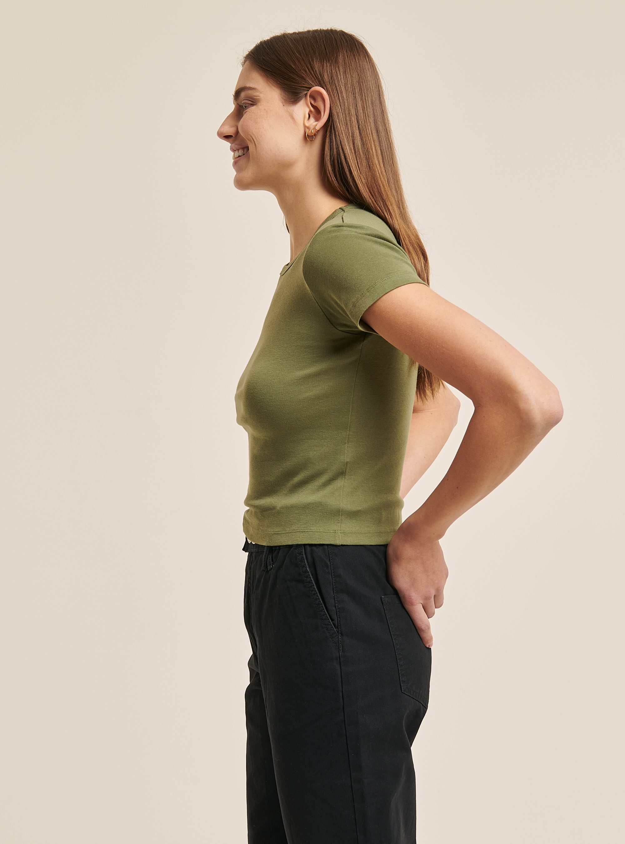 Geripptes Crop-T-Shirt, C0606 KAKY