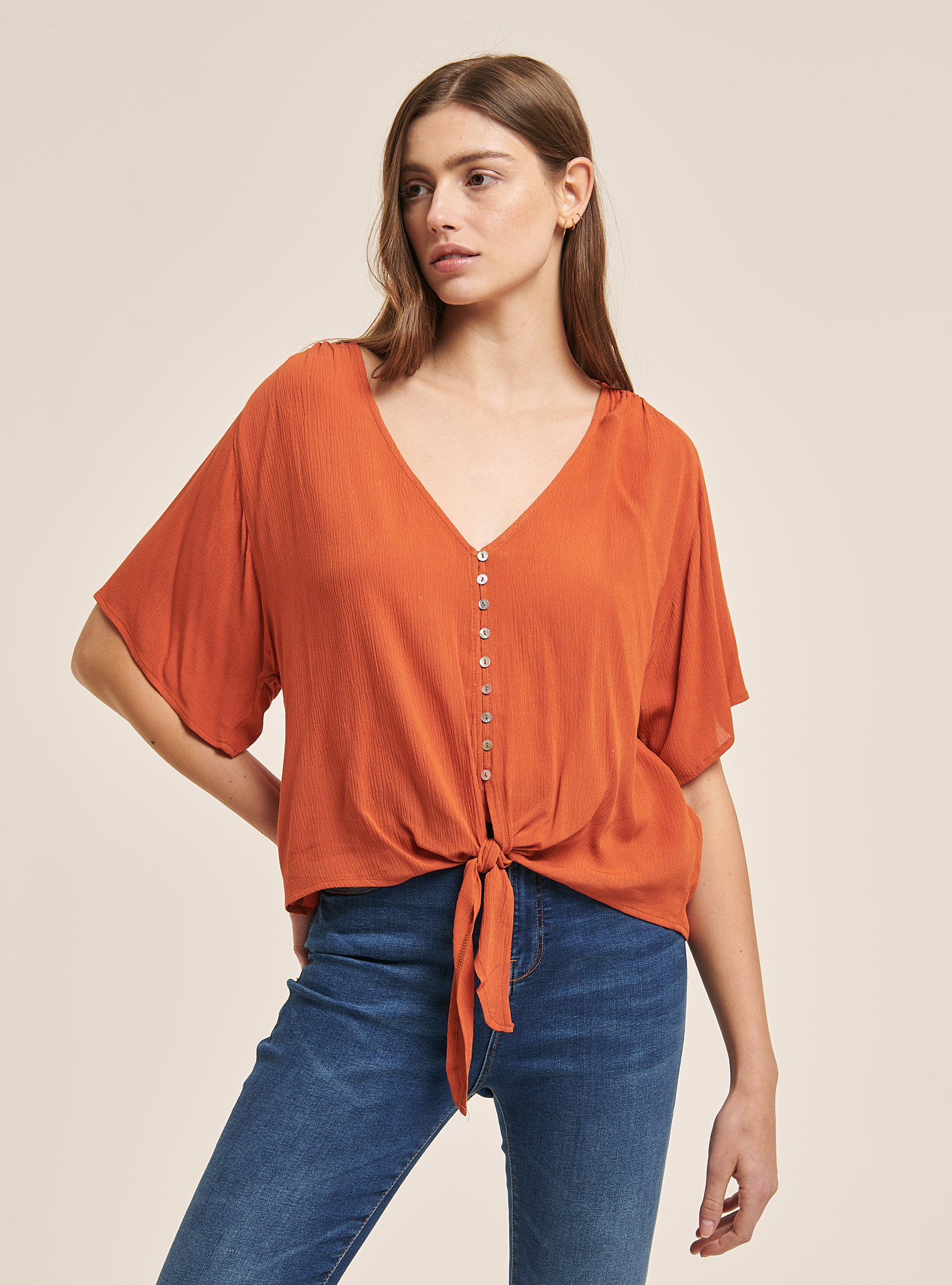 Camicetta scollo a v tinta unita e nodo in vita, C0382 DARK ORANGE