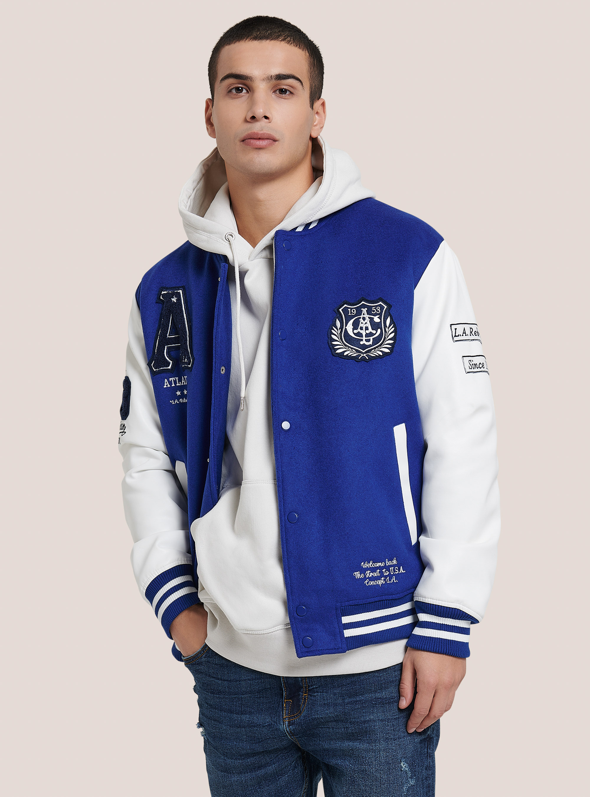 bomber jacket blue and white