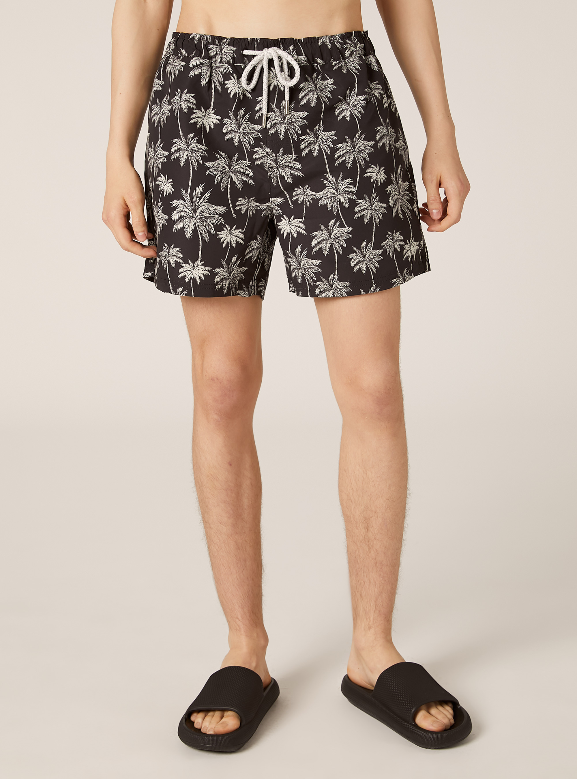 Swimming costume with palm print, BK1 BLACK