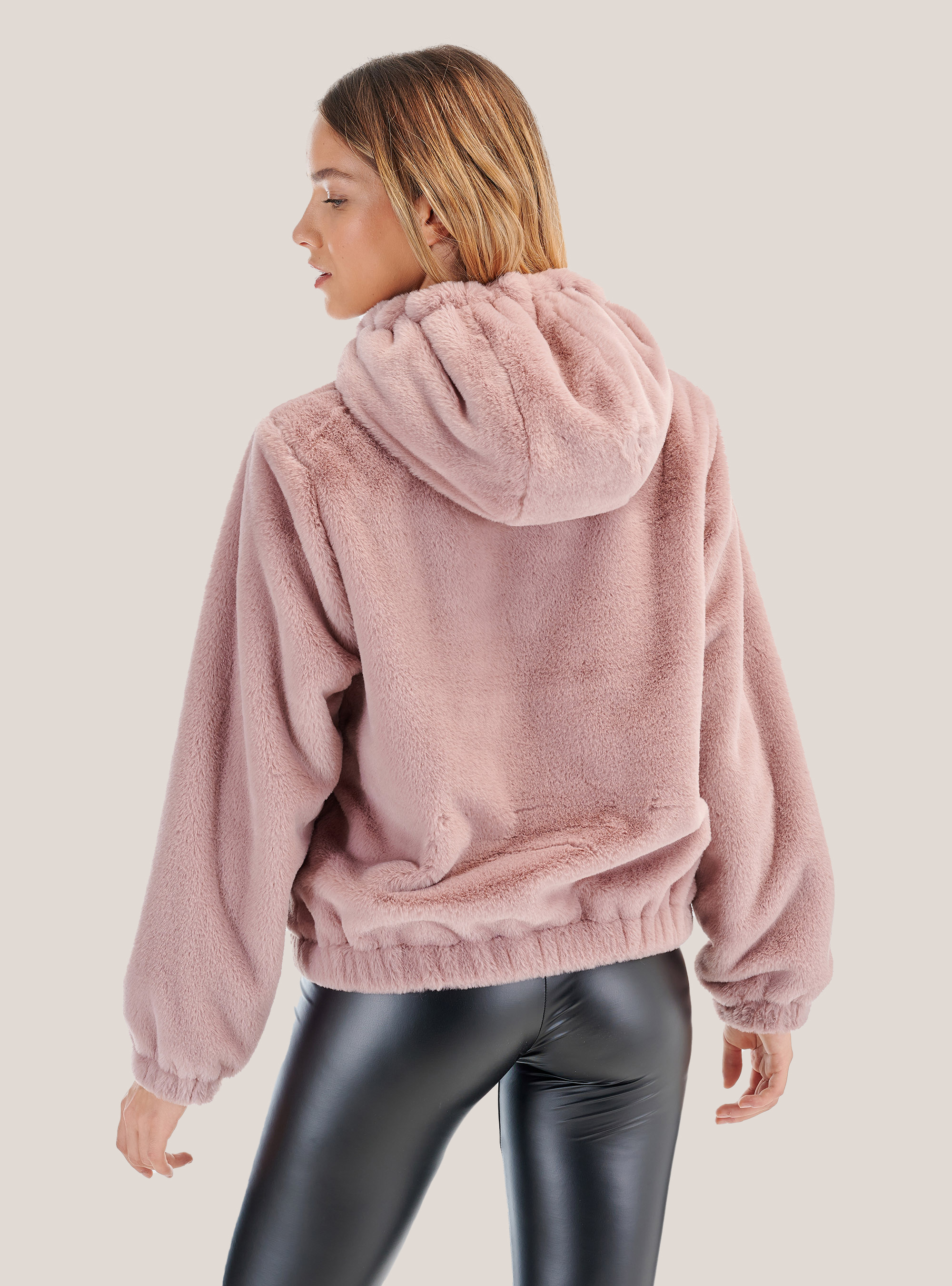 Faux fur jacket with hood, PINK