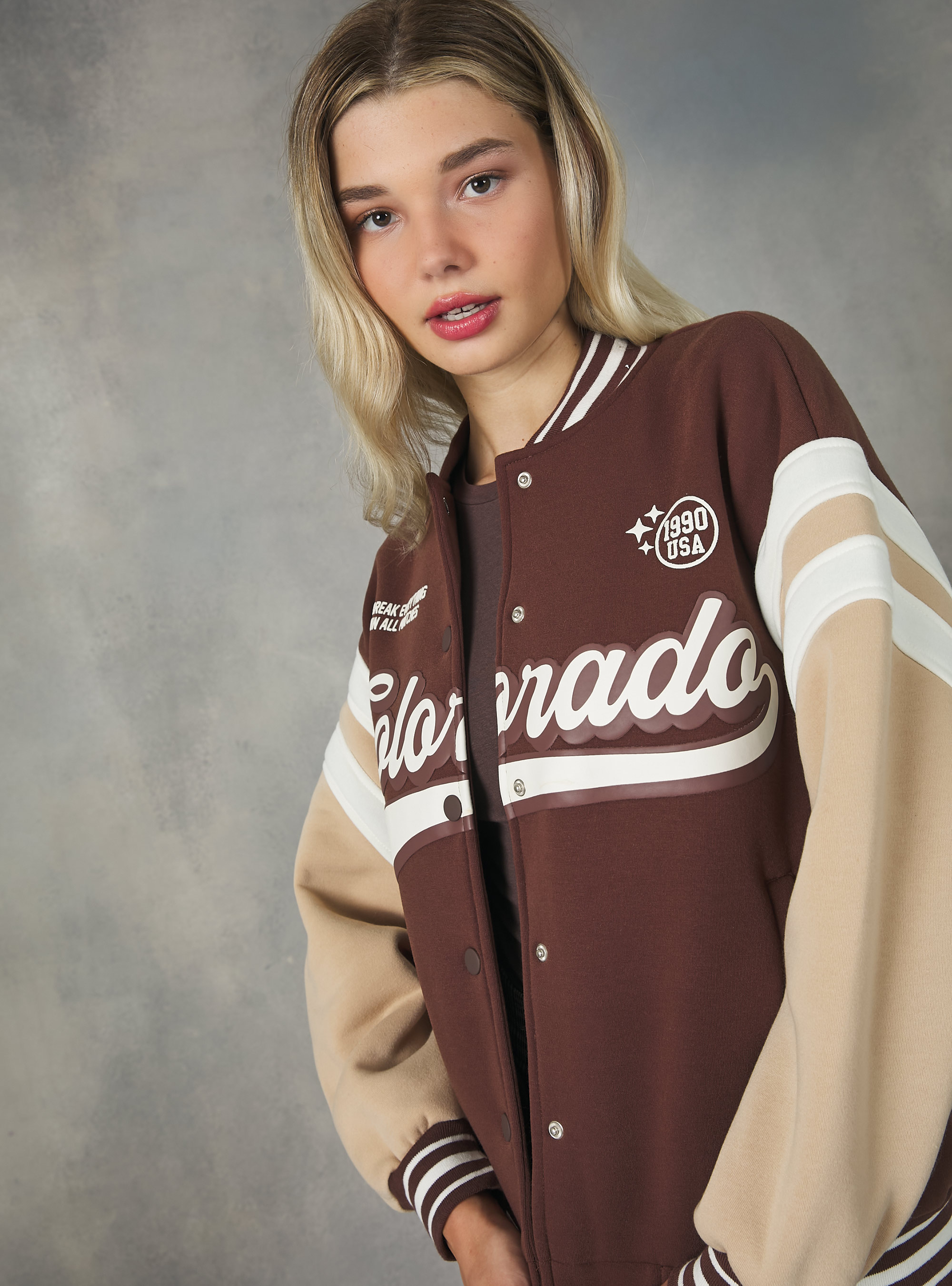 College Bomber Jacket with print, BR2 BROWN MEDIUM