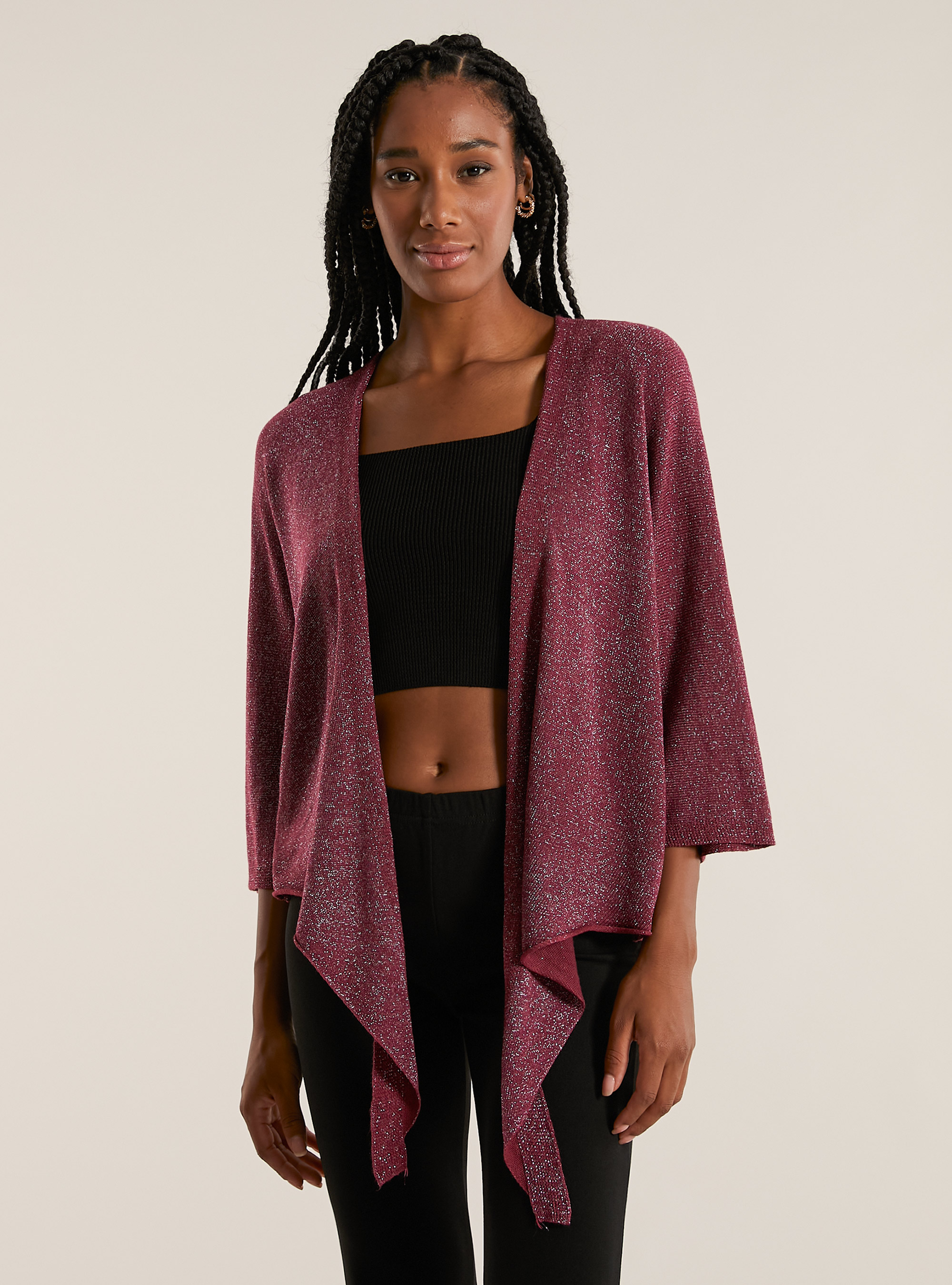 Cardigan lurex aperto con nodo, BO1 BORDEAUX DARK