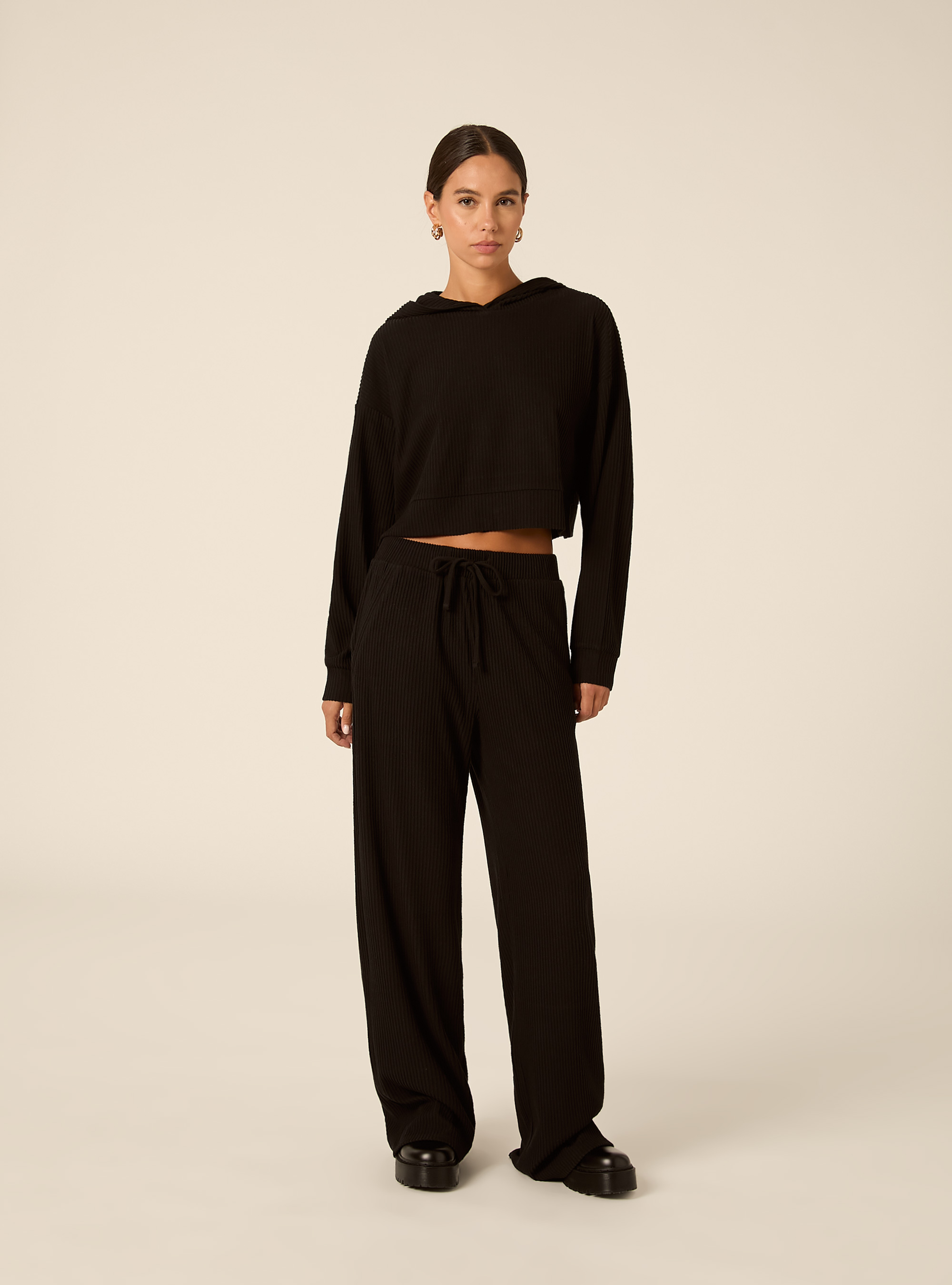 Jogger wide leg a coste, BK1 BLACK